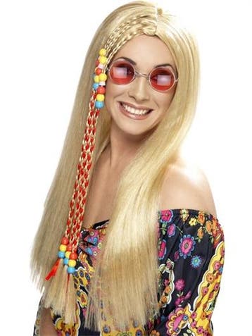 Hippy Party pruik blond met gekleurde kralen, Ophalen of Verzenden, Nieuw