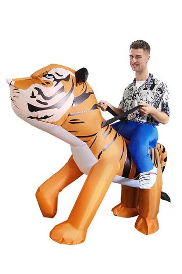 KIMU® Opblaas Kostuum Zittend Op Siberische Tijger Opblaasba, Carnaval, Nieuw, Overige maten, Ophalen of Verzenden