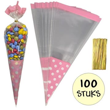 Fako Bijoux - 100x Cellofaan Puntzakken Roze Stippen 37x18cm, Diversen, Verzenden, Nieuw