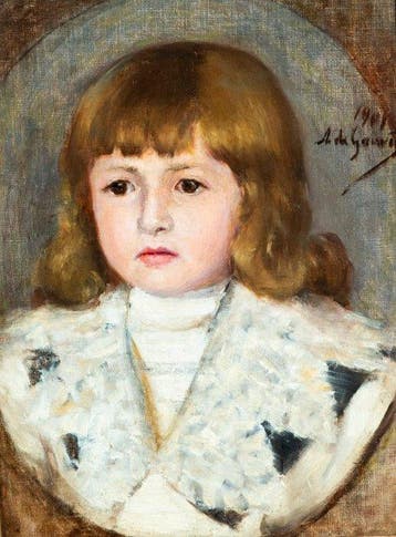 A. de Gouwin (XIX) - Retrato de niña con vestido blanco y, Antiek en Kunst