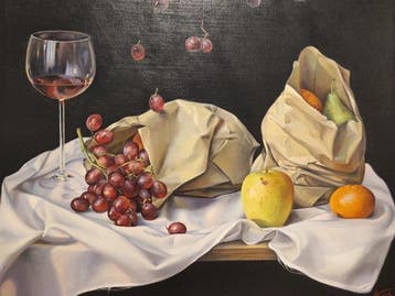 Escuela hiperrealista (XX) - Bodegón de vino y frutas