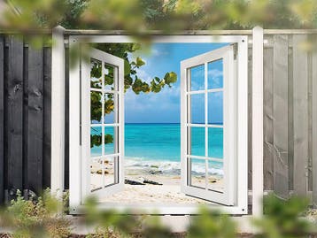 NR 1422: Tuinposter doorkijkje tropisch strand 180x180cm, Nieuw