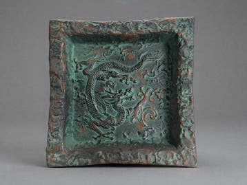 Heavy Japanese Cast Bronze Square Relief Plate with Imperial