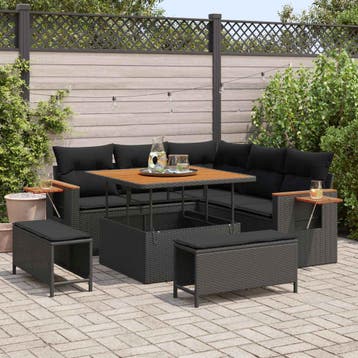 vidaXL Tuinbankenset 9 st 8-Aantal zitplaatsen Zwart poly, Verzenden, Nieuw, Rotan, Meer dan 8 zitplaatsen