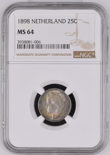 Koningin Wilhelmina 25 cent 1898 MS64 gecertificeerd NGC, Verzenden, Zilver, 25 cent, Koningin Wilhelmina