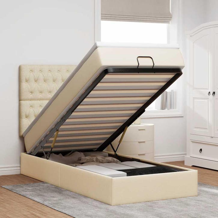 vidaXL Bed poef met matras en LEDs 90x200 cm stof, Huis en Inrichting, Slaapkamer | Bedden, 90 cm, 200 cm, Crème, Eenpersoons