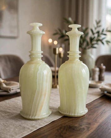 Paar handgemaakte witte onyx wijn-decanteerkannen Gravure -