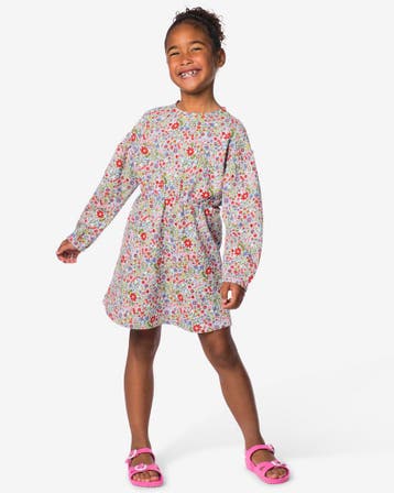 HEMA Kinderjurk regular fit rib bloemen blauw, Verzenden, Nieuw