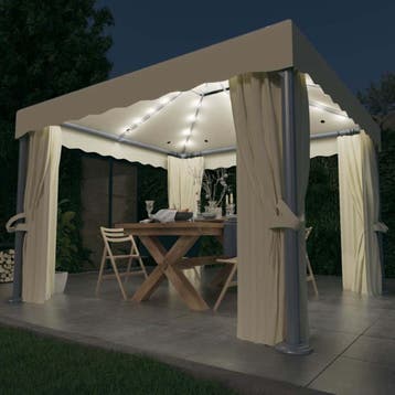 vidaXL Prieel met gordijn en LED-lichtslinger 3x3 m crèmewit, Verzenden, Nieuw