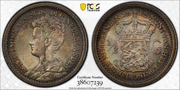 Koningin Wilhelmina halve gulden 1912 MS63 PCGS (Pop 8/5), Postzegels en Munten, Verzenden, Koningin Wilhelmina, Losse munt, Zilver