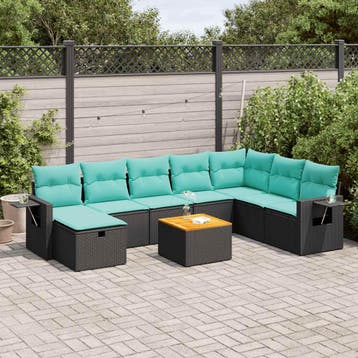vidaXL 9-delige Loungeset met kussens poly rattan zwart, Tuin en Terras, Verzenden, Nieuw, Loungeset