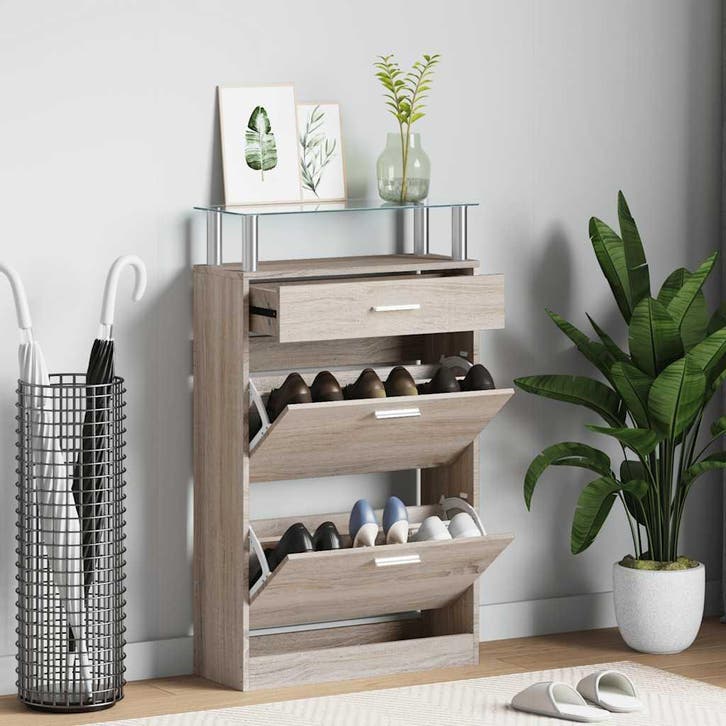 vidaXL Schoenenkast met lade en glazen bovenschap eiken-look, Huis en Inrichting, Kasten | Schoenenrekken, Nieuw, Verzenden