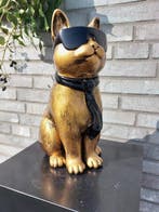 Beeld, gold bronze cat with tie and sunglasses - 29 cm -