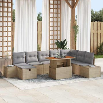 vidaXL Tuin Sofa Set 9 st Beige Poly riet, Verzenden, Nieuw, Rotan, Meer dan 8 zitplaatsen