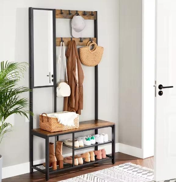 4-in-1 halmeubel met kapstok, spiegel, schoenenrek en zitban, Huis en Inrichting, Woonaccessoires | Kapstokken, Nieuw, Verzenden
