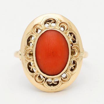 Ring - 14 karaat Geel goud - Bloedkoraal, Sieraden, Tassen en Uiterlijk, Nieuw