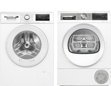 Bosch Wasmachine + Bosch Droger, 8 tot 10 kg, Nieuw, 1200 tot 1600 toeren, Voorlader