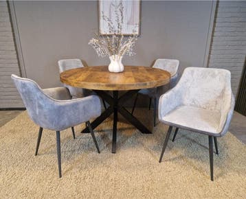 Combideal eetkamerset: ronde eettafel Mangohout 120 cm met 4, Ophalen of Verzenden, Nieuw