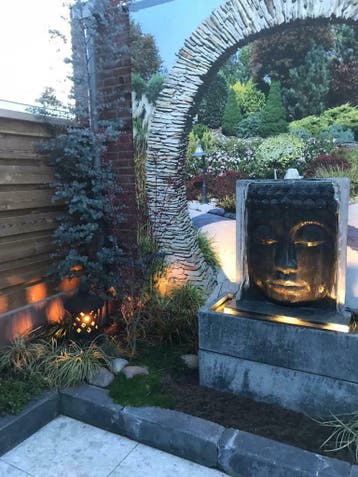 buddha waterornament, boeddha fontein, tuinbeeld, lavasteen, Ophalen of Verzenden, Nieuw, Hardsteen, Waterornament