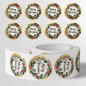 Sluitstickers kerstetiketten merry christmas hulstblad rond, Ophalen of Verzenden, Nieuw