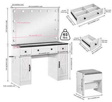Landelijke make-uptafel met verlichte spiegel, lades en kruk, Verzenden, Nieuw