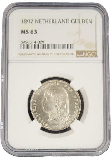 Koningin Wilhelmina 1 gulden 1892 MS63 NGC gecertificeerd, 1 gulden, Verzenden, Zilver, Koningin Wilhelmina
