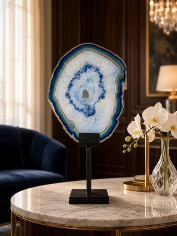 Very unique blue colored agate slice on stand Gepolijste -
