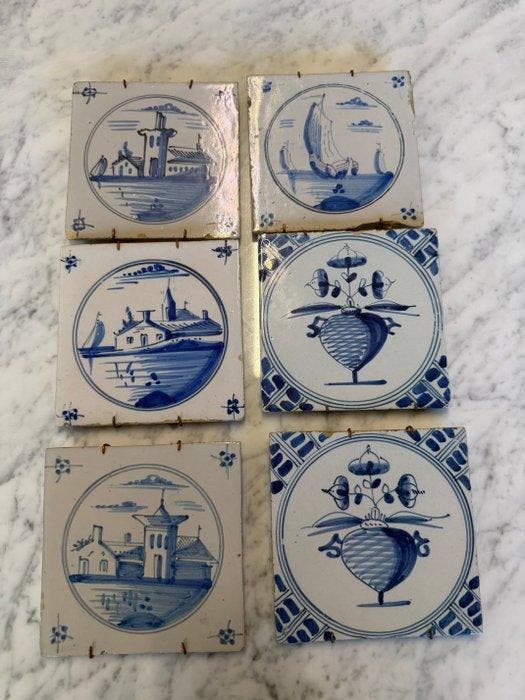 Tegel - Set van 6 handgeschilderde Del, Antiek en Kunst, Antiek | Glas en Kristal