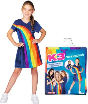 K3 verkleedkleding - verkleedjurk regenboog blauw 9/11 jaar, Ophalen of Verzenden, Zo goed als nieuw