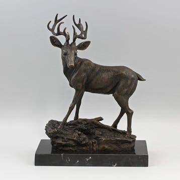 Beeld, Exclusief sculptuur van een bronzen hert 33 cm / 5.5