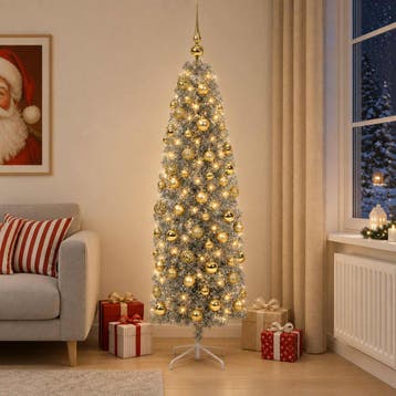 vidaXL Smalle kunstkerstboom met kerstballen 210 cm 300, Verzenden, Nieuw