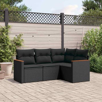vidaXL 4-delige Loungeset met kussens poly rattan zwart, Tuin en Terras, Verzenden, Nieuw, Loungeset