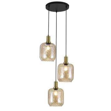 Hanglamp Zwart met Messing en Amber Glas – 3-Lichts - Nox, Huis en Inrichting, Verzenden, Nieuw, Glas