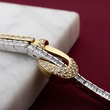 Bicolor gouden staafjesschakel armband met zirconia, Sieraden, Tassen en Uiterlijk, Gebruikt, Ophalen of Verzenden, Met edelsteen