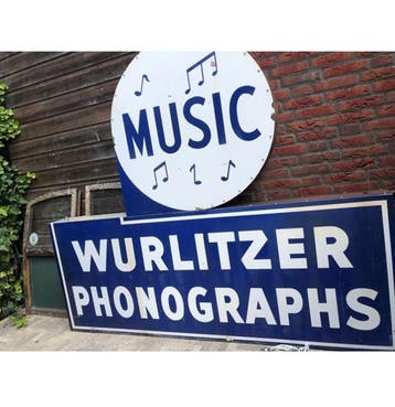 Origineel Emaille Wurlitzer Dealer Bord 2-Zijdig, Ophalen, Gebruikt