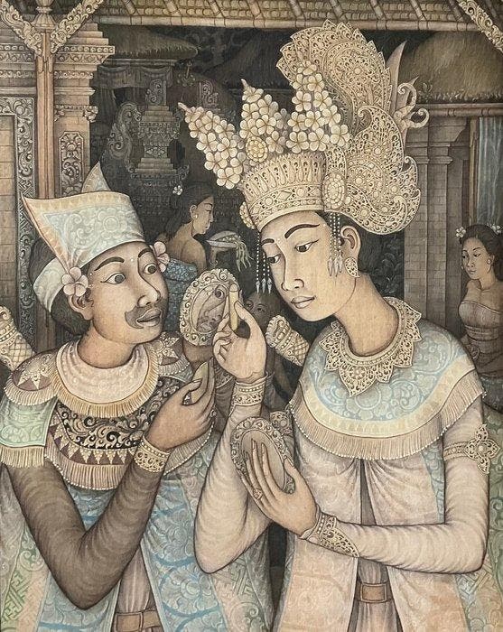 Balinese schoonheid met spiegel - Indonesië, Antiek en Kunst, Kunst | Niet-Westerse kunst