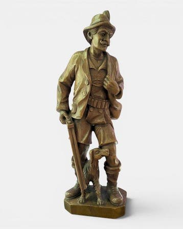 sculptuur, Grote handgesneden houten sculptuur van jager met