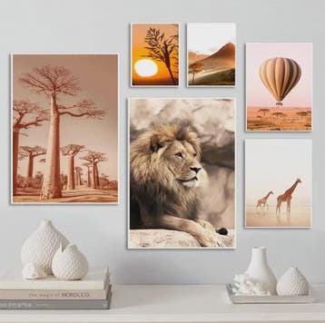 Canvas Poster Set: Leeuw, Giraffe, Olifant, Ballonvaart & Na