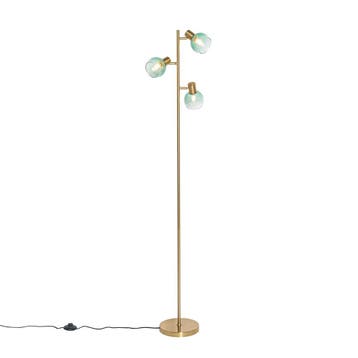Art Deco vloerlamp goud met groen glas 3-lichts - Vidro, Huis en Inrichting, Lampen | Vloerlampen, Verzenden, Nieuw, Art Deco