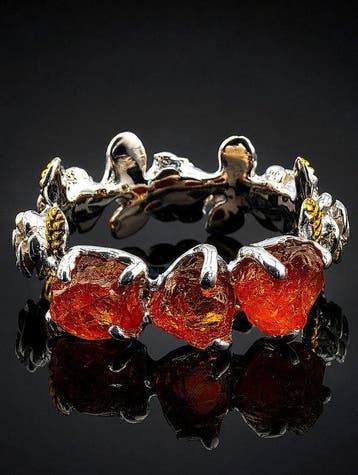 Ruwe Spessartietring - 925 Sterling Zilver - Bloem Roos