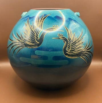W24,5 cm Grote Kutani-vaas – Turkoois glazuur, Zwarte &