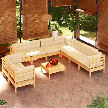 vidaXL 10-delige Loungeset met crèmekleurige kussens, Tuin en Terras, Verzenden, Nieuw, Loungeset
