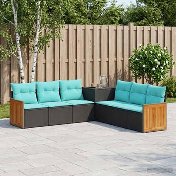 vidaXL Bankstel 7 st Zwart en Blauw Poly Rattan en Staal, Verzenden, Nieuw