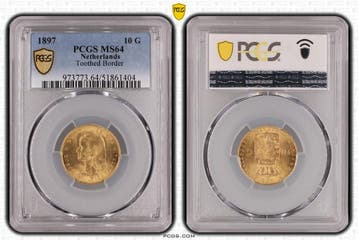 Gouden Wilhelmina 10 gulden 1897 MS64 PCGS vaste parels, Postzegels en Munten, Munten | Nederland, Verzenden, Goud, Koningin Wilhelmina