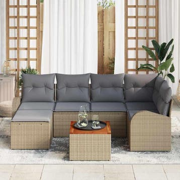 vidaXL Tuinbankenset 7 st Beige en Licht Grijs poly rattan, Verzenden, Nieuw, Rotan, 7 zitplaatsen