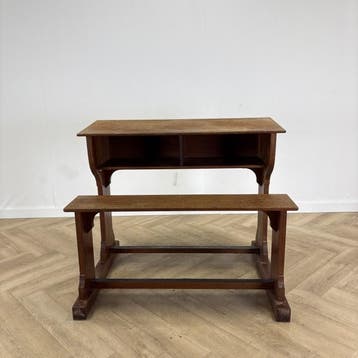Vintage houten schoolbank (hxbxd) 95x114.5x85 cm, Huis en Inrichting, Bureaus, Gebruikt, Hout, Bruin, Ophalen of Verzenden
