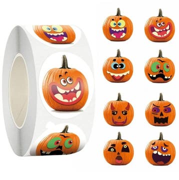 500 Stickers Op Rol - 2.5cm - Crazy Pompoen - Halloween -, Verzenden, Nieuw