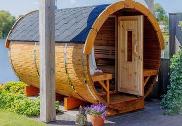 Barrel sauna buitensauna Thermowood ton sauna aanbieding, Ophalen of Verzenden, Nieuw, Fins of Traditioneel, Complete sauna