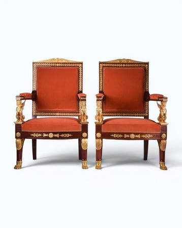 Paar Napoleon III-fauteuils in Empirestijl met verguld, Antiek en Kunst