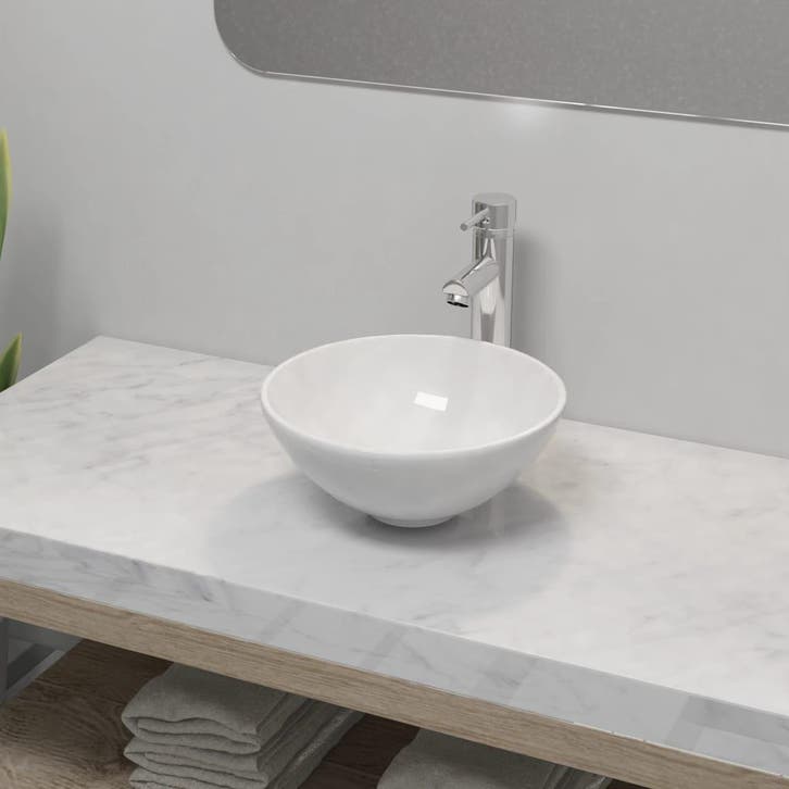vidaXL Badkamerwastafel met mengkraan rond keramiek wit, Doe-het-zelf en Verbouw, Sanitair, Nieuw, Verzenden